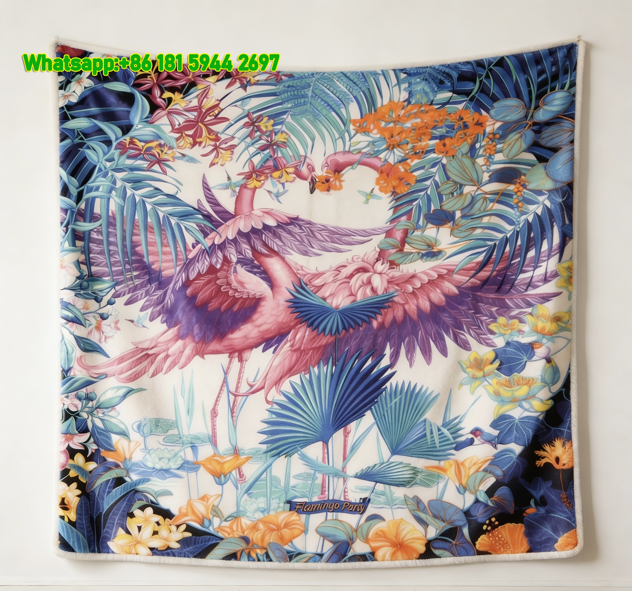 Hermès Vibrant Tropical Flamingo Print Flannel Throw Blanket IMG_5209